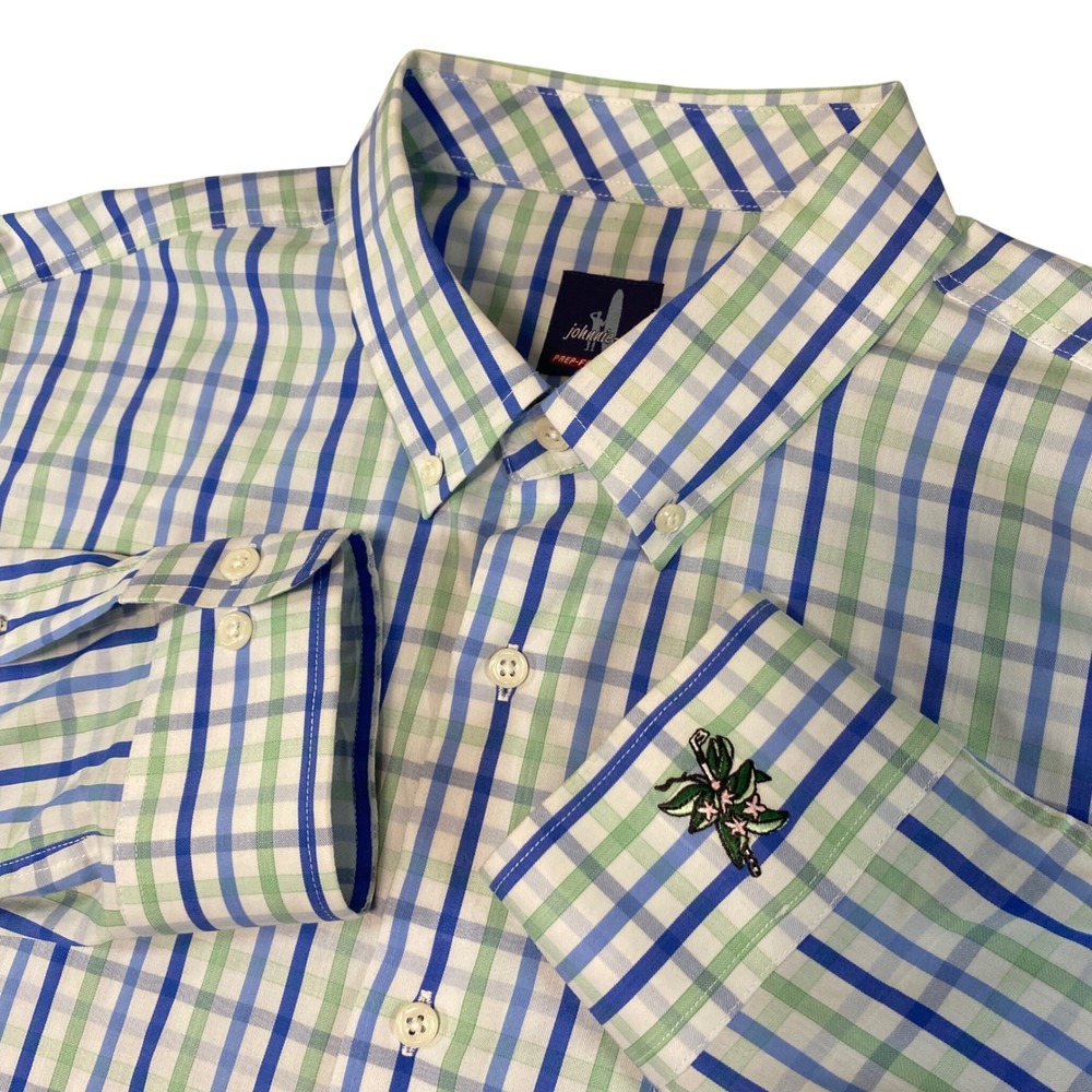 Johnnie-O Prep-Formance Shirt Mens XL Blue Green Check Private Golf Club Logo